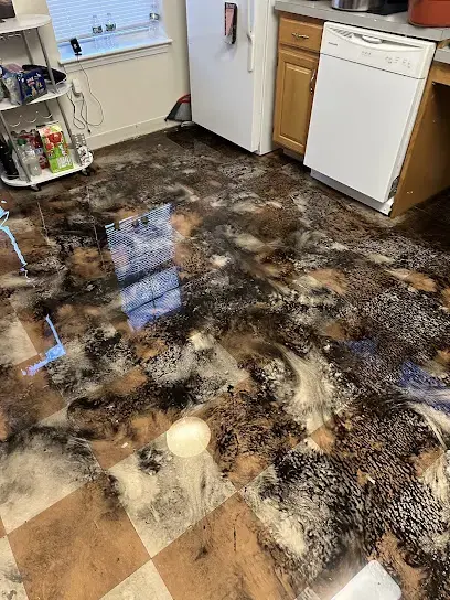 Kitchen floor with the flooring stripped and stained after a leak beside the dishwasher