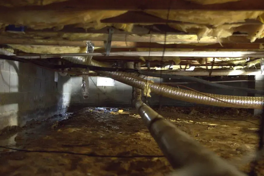 Supply pipes running through a dark crawl space under a house