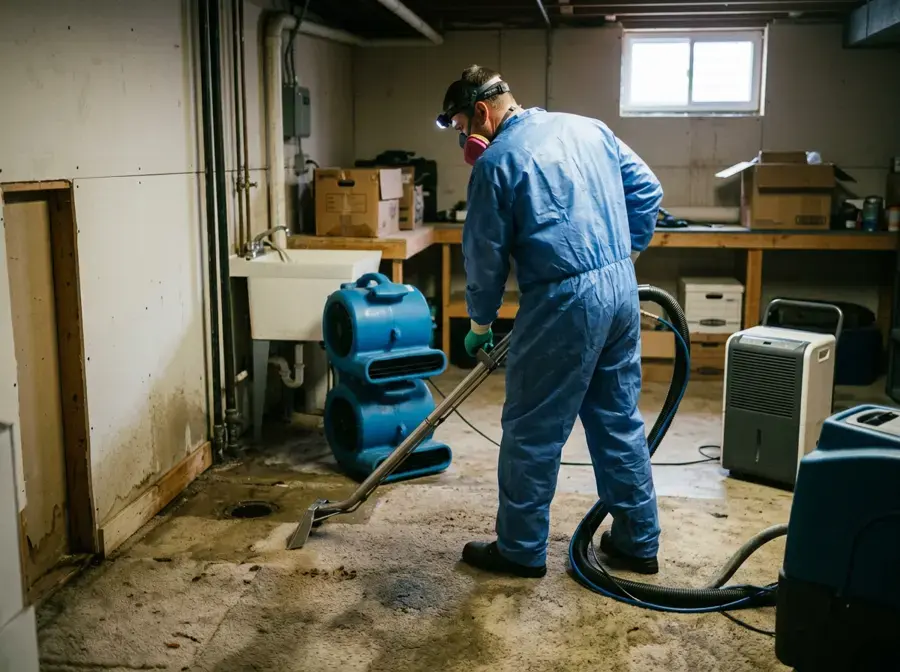 Technician in protective coveralls and a respirator extracting a contaminated basement floor