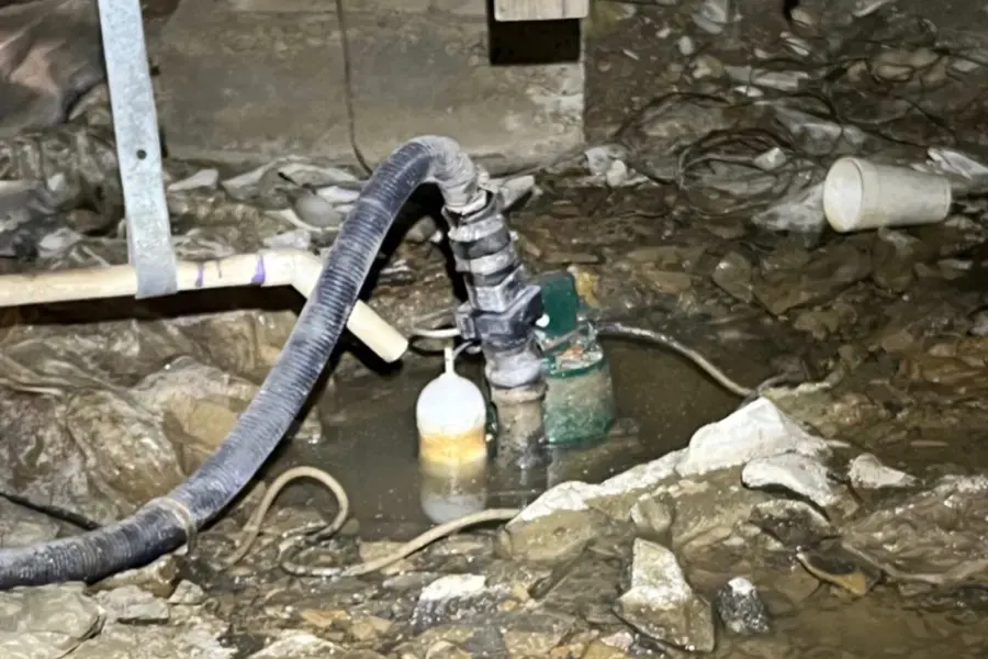 Sump pump and discharge hose sitting in a water-filled pit in a basement floor